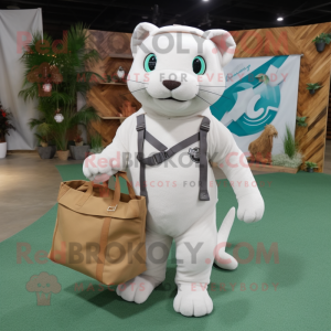 White Jaguarundi mascot costume character dressed with a Cargo Pants and Tote bags