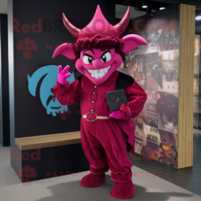 Magenta Devil mascot costume character dressed with a Culottes and Caps