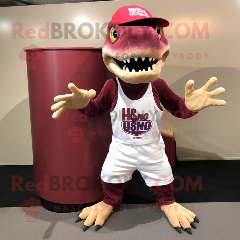 Maroon Allosaurus mascot costume character dressed with a Tank Top and Beanies