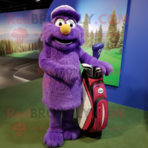 Purple Golf Bag mascot costume character dressed with a Wrap Dress and Mittens