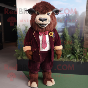 Maroon Buffalo mascot costume character dressed with a Parka and Bow ties