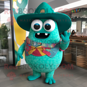 Teal Tacos mascot costume character dressed with a One-Piece Swimsuit and Hats