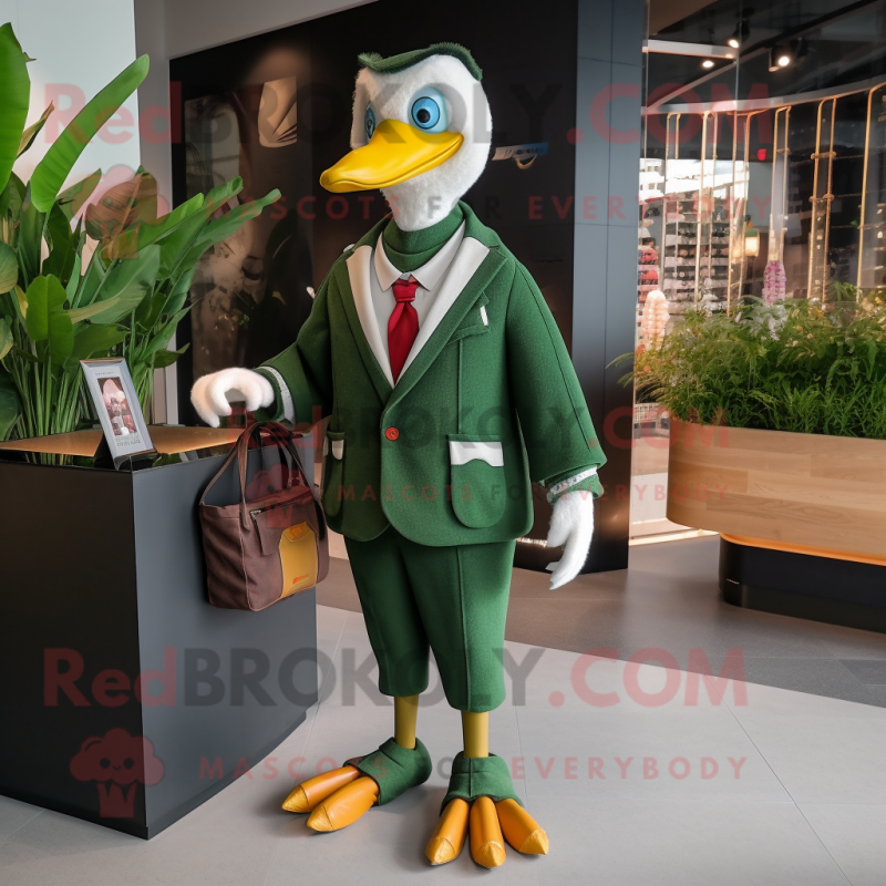 Forest Green Geese mascot costume character dressed with a Suit Jacket and Handbags