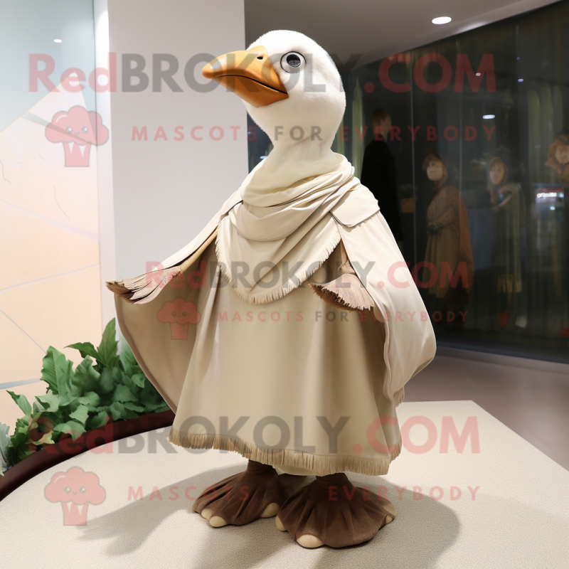 Cream Geese mascot costume character dressed with a Pleated Skirt and Shawls