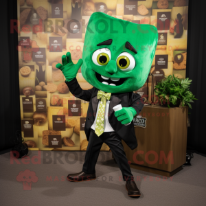 Green Nachos mascot costume character dressed with a Suit Jacket and Wallets