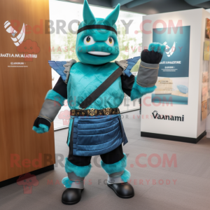 Teal Samurai mascot costume character dressed with a V-Neck Tee and Belts