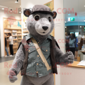 Gray Jaguarundi mascot costume character dressed with a Vest and Hats