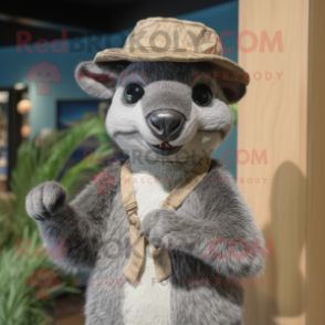 Gray Jaguarundi mascot costume character dressed with a Vest and Hats