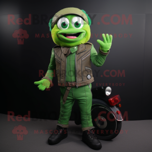 Green Juggle mascot costume character dressed with a Moto Jacket and Handbags