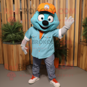 Teal Orange mascot costume character dressed with a Chambray Shirt and Bracelet watches