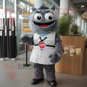 Gray Sushi mascot costume character dressed with a Oxford Shirt and Belts