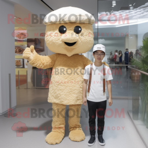 Beige Fried Rice mascot costume character dressed with a Henley Shirt and Berets