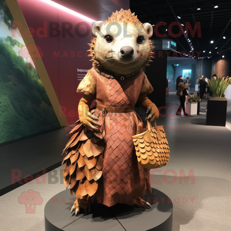 Rust Pangolin Mascot Costume Character Dressed With A Pleated Skirt And Handbags Mascot 1376