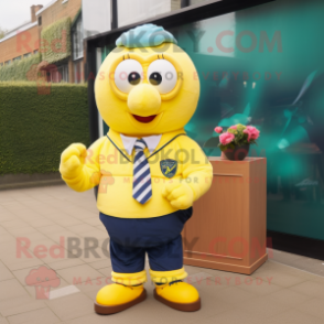 Lemon Yellow Raspberry mascot costume character dressed with a Rugby Shirt and Bow ties