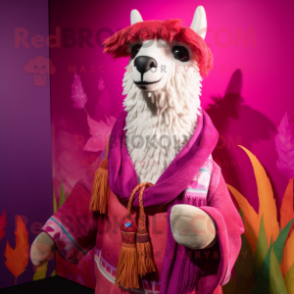 Magenta Llama mascot costume character dressed with a Chinos and Shawl pins