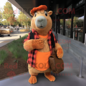 Orange Capybara mascot costume character dressed with a Flannel Shirt and Clutch bags