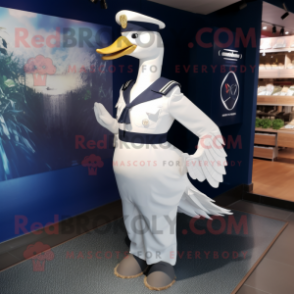 Navy Swan mascot costume character dressed with a Playsuit and Cufflinks