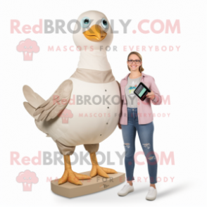 Beige Pigeon mascot costume character dressed with a Mom Jeans and Digital watches