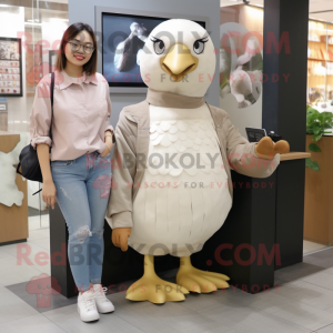 Beige Pigeon mascot costume character dressed with a Mom Jeans and Digital watches