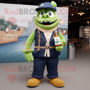 Navy Green Beer mascot costume character dressed with a Dungarees and Messenger bags