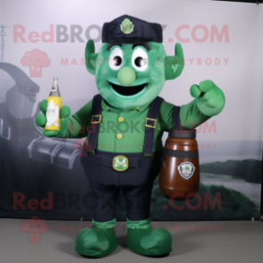 Navy Green Beer mascot costume character dressed with a Dungarees and Messenger bags