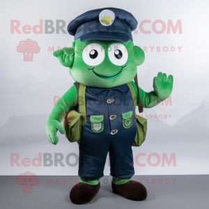 Navy Green Beer mascot costume character dressed with a Dungarees and Messenger bags