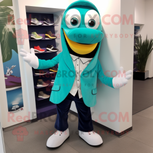 Teal Tacos mascot costume character dressed with a Blazer and Shoe clips