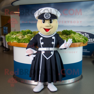 Navy Caesar Salad mascot costume character dressed with a Circle Skirt and Berets