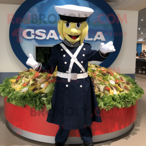 Navy Caesar Salad mascot costume character dressed with a Circle Skirt and Berets