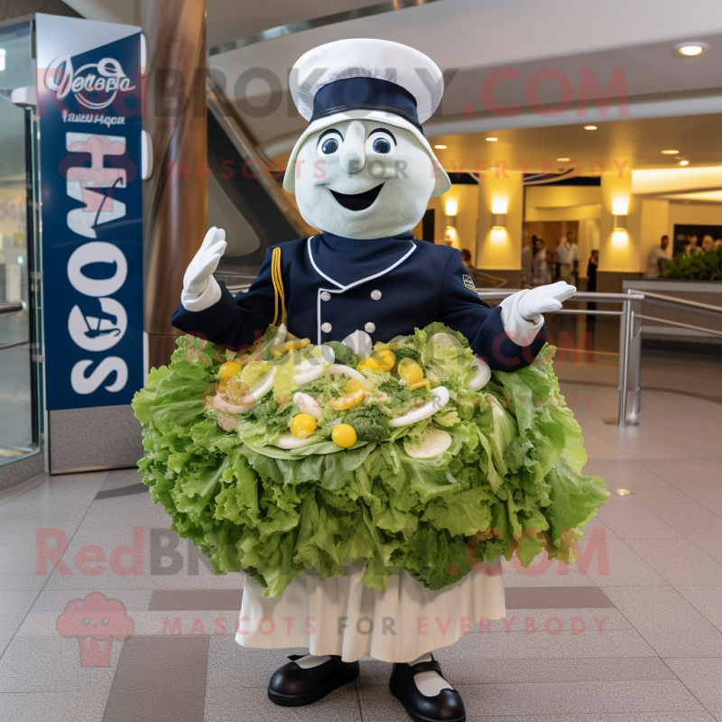 Navy Caesar Salad mascot costume character dressed with a Circle Skirt and Berets