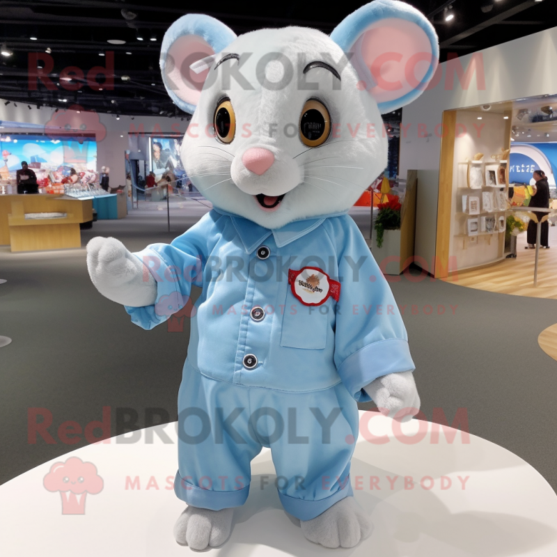 Sky Blue Dormouse mascot costume character dressed with a Button-Up Shirt and Hairpins