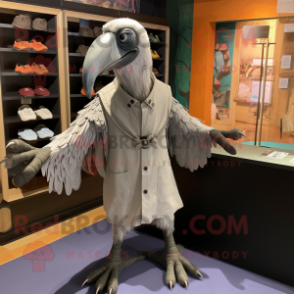 Silver Vulture mascot costume character dressed with a Button-Up Shirt and Shawl pins