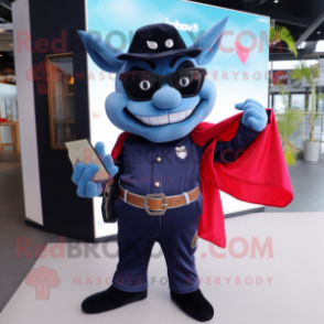 Navy Devil mascot costume character dressed with a Denim Shirt and Wallets