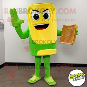 Lime Green Grilled Cheese Sandwich mascot costume character dressed with a Joggers and Gloves