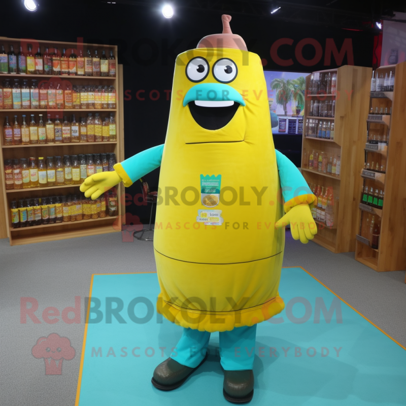 Cyan Bottle Of Mustard mascot costume character dressed with a Cardigan and Suspenders