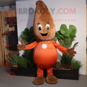 Brown Carrot mascot costume character dressed with a Overalls and Beanies