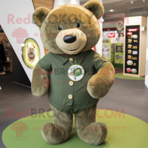 Olive Teddy Bear mascot costume character dressed with a T-Shirt and Lapel pins
