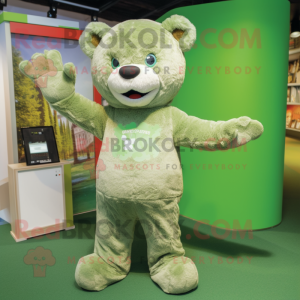 Olive Teddy Bear mascot costume character dressed with a T-Shirt and Lapel pins