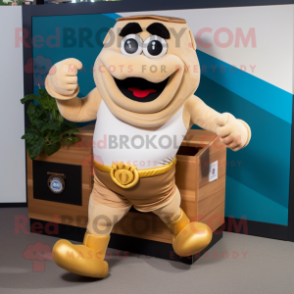 Tan Treasure Chest mascot costume character dressed with a Running Shorts and Mittens