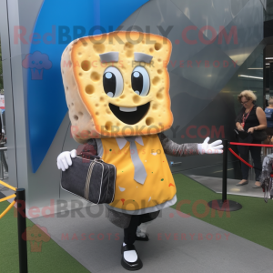 Silver Grilled Cheese Sandwich mascot costume character dressed with a Suit and Handbags