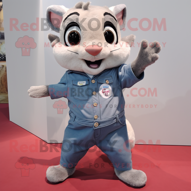 Gray Flying Squirrel mascot costume character dressed with a Jeans and Lapel pins