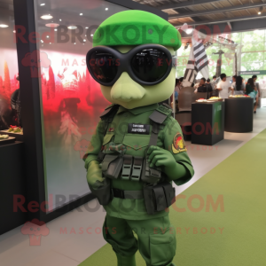 Green Commando mascot costume character dressed with a Mini Dress and Sunglasses