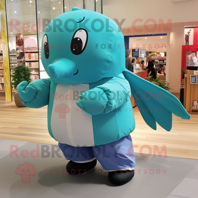 Cyan Humpback Whale mascot costume character dressed with a Poplin Shirt and Foot pads