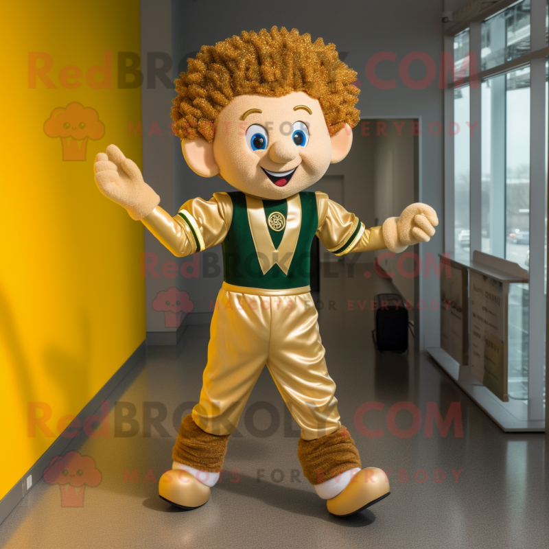 Gold Irish Dancer mascot costume character dressed with a Joggers and Hairpins