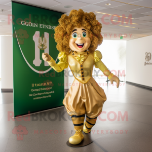 Gold Irish Dancer mascot costume character dressed with a Joggers and Hairpins