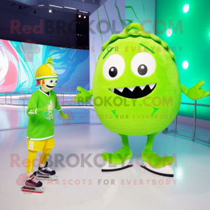 Lime Green Ice mascot costume character dressed with a One-Piece Swimsuit and Hairpins