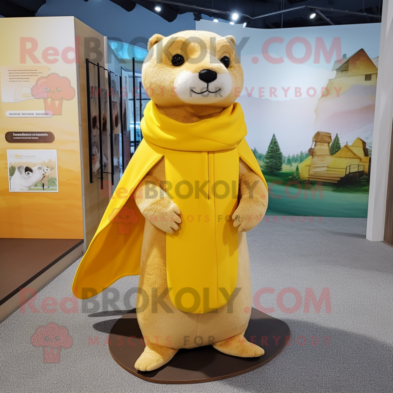 Yellow Otter mascot costume character dressed with a Coat and Shawls