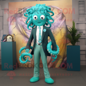 Teal Medusa mascot costume character dressed with a Blazer and Brooches