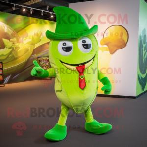 Lime Green Fajitas mascot costume character dressed with a Romper and Tie pins