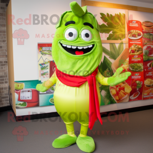 Lime Green Fajitas mascot costume character dressed with a Romper and Tie pins